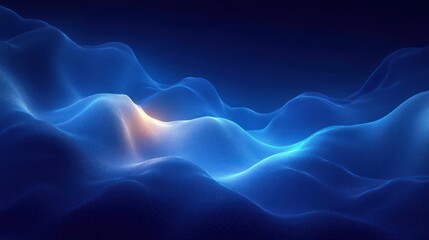 serene glowing blue undulating mesh landscape with soft orange highlight and luminous grid texture, futuristic digital waves
