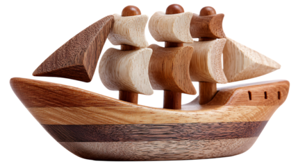 Wooden ship model isolated on transparent background, a charming nautical decoration