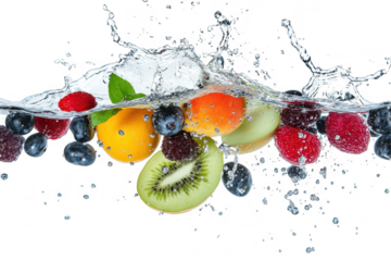 A splash of assorted fruits including kiwi. blueberries. raspberries. and oranges. creating dynamic water droplets against a white background. ideal for health and culinary themes
