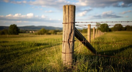 A wooden fence with barbed wire in a rural field with green grass and distant mountains in the background.