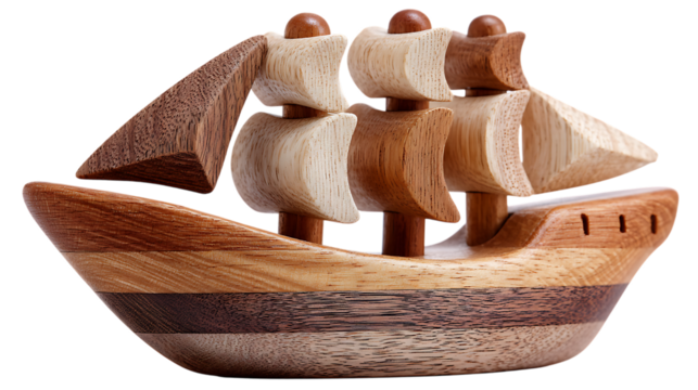 Wooden ship model isolated on transparent background, a charming nautical decoration