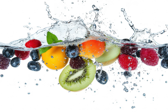 A splash of assorted fruits including kiwi. blueberries. raspberries. and oranges. creating dynamic water droplets against a white background. ideal for health and culinary themes