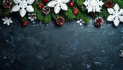 Decorative winter greenery, pinecones, and glittering snowflakes arranged along the top of a textured dark stone background, creating a dramatic holiday composition.