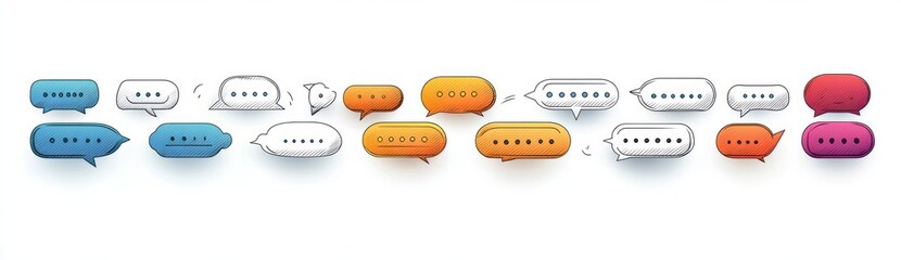 Fototapeta premium Colorful hand-drawn chat bubbles in blue white orange and magenta with dotted message indicators sketch lines and soft shadows conveying playful energetic conversation