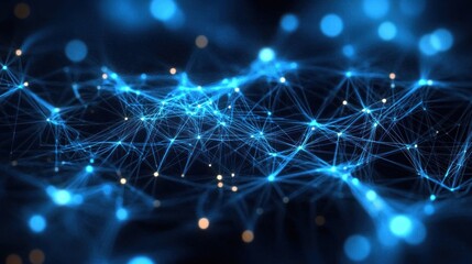 glowing blue network of interconnected nodes and delicate filaments on a dark background conveying awe and futuristic connectivity