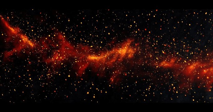 fiery orange nebula band with glowing sparks and embers across deep black space, dramatic awe-inspiring cosmic energy