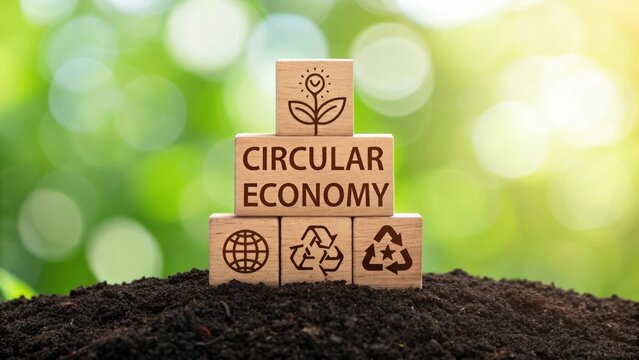 Circular economy principles shown with blocks on natural setting