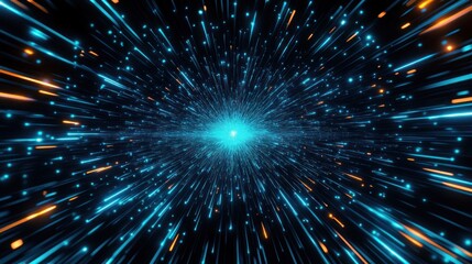 Explosive blue particle burst with radiating light streaks and orange sparks, dynamic futuristic speed and high-energy motion toward a bright central core