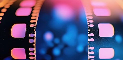 close-up of overlapping photographic film strips with visible sprocket holes and glowing pink and blue bokeh, dreamy nostalgic cinematic mood