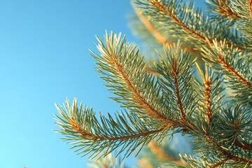Sunlit pine branches with green needles and golden highlights against a clear blue sky, calm peaceful morning mood