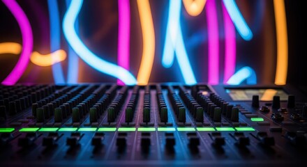 Electronic sound mixing console sits before vibrant, colorful illumination in a dimly lit setting