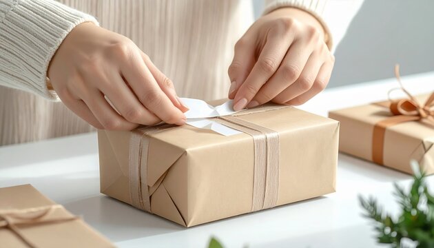 Wrapping a gift with brown paper and string for a special occasion.