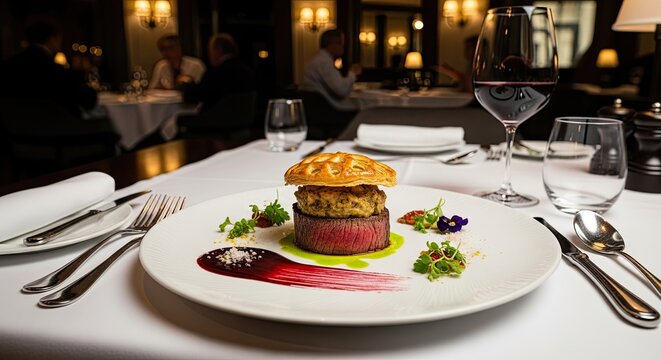 A beautifully plated steak dish with a side of roasted vegetables and a glass of red wine on a dining table. - Powered by Adobe