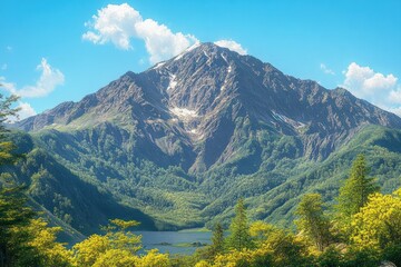 Naklejka premium Majestic rocky mountain with snow patches rising above a green forested valley and small blue lake, yellow flowering trees in the foreground under bright blue sky, serene and awe-inspiring