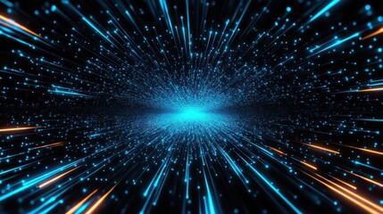 Naklejka premium radiant blue particle burst with glowing radial streaks and orange highlights conveying high-speed futuristic energy and awe