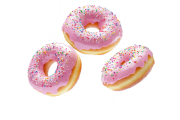 Three delicious pink frosted donuts with colorful sprinkles floating against a clean white background. perfect for food advertisements. bakery promotions. or dessert-themed content