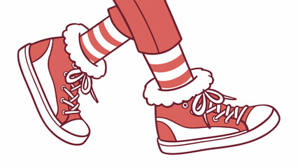 Illustration of red and white striped socks and sneakers with white fur trim on a white background