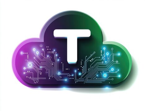 Glossy purple-green cloud icon with raised white letterform, glowing circuit traces and neon nodes; futuristic, connected and innovative digital technology mood