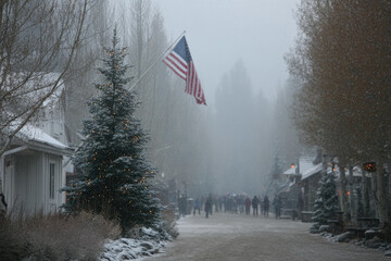 american flag gently waves beside beautifully decorated christmas tree on snowy street