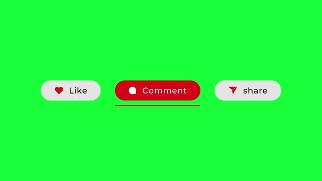 4K floating animation of interactive social buttons: like, comment, and share. Set on a clean green screen for easy chroma key editing. Ideal for YouTube videos, social media content, editors, and eng