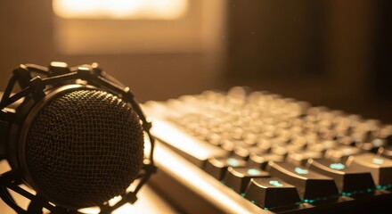 Professional recording microphone rests beside a backlit computer keyboard in warm ambient lighting