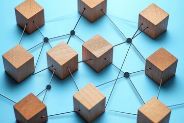 wooden cubes connected by thin metal rods and black node connectors on a blue surface, forming an organized interconnected network that evokes collaboration and structure