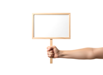 Hand holding a blank white sign with a wooden frame for protest or message. Isolated on transparent background