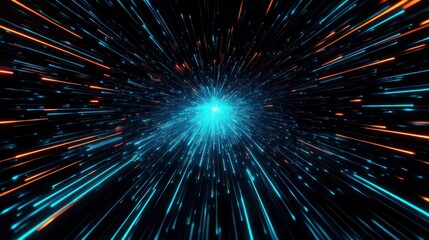 bright cyan core with radiating teal and orange light streaks on a black background conveying explosive speed and futuristic energy