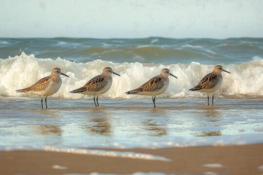Four small shorebirds standing in shallow surf on a sandy beach with gentle waves, calm and peaceful coastal scene