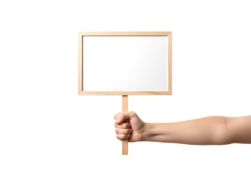 Hand holding a blank white sign with a wooden frame for protest or message. Isolated on transparent background