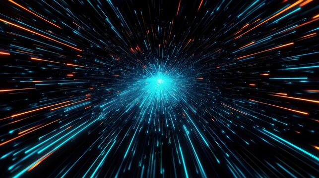 bright cyan core with radiating teal and orange light streaks on a black background conveying explosive speed and futuristic energy