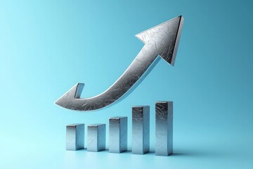 3d render of silver upward arrow with growing bar graph on blue background for business and marketing design use