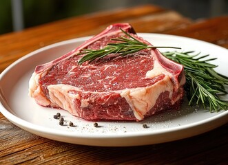 raw bone-in ribeye steak on white plate with fresh rosemary sprigs, sea salt and cracked pepper on a rustic wooden table, appetizing and fresh
