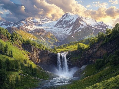 Majestic snow-capped mountains and glacier above a lush green valley with a powerful waterfall plunging into a river, framed by pine forests and a golden dramatic sky, evoking serene awe - Powered by Adobe
