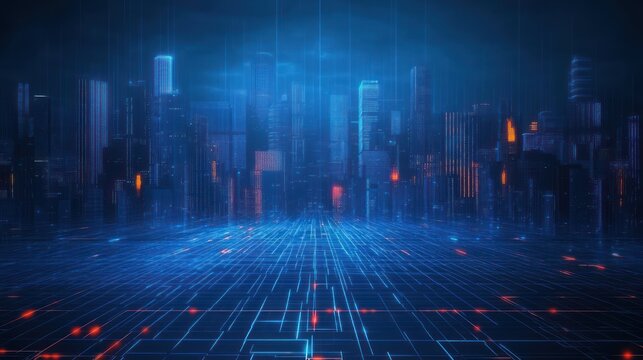 futuristic neon city skyline rising above a glowing blue digital grid with vertical light beams and orange accents, evoking technological awe and mysterious atmosphere