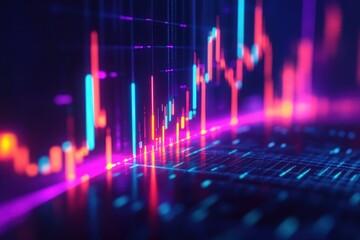 Vibrant neon candlestick and bar chart rising on a glowing grid, dynamic futuristic digital market data conveying energy and upward momentum