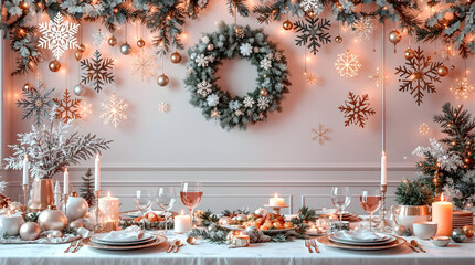 Elegant winter holiday dinner concept evoking festive cheer and joyful gatherings, featuring a beautifully decorated table with seasonal accents and snowflakes