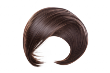 A beautifully styled. flowing brown hairpiece smooth. glossy strands against a white background. ideal for fashion and beauty applications in advertising or editorial use