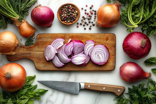 sliced red onions on a wooden cutting board surrounded by whole red and yellow onions, a kitchen knife, bowl of mixed peppercorns, scattered spices and fresh basil and parsley, inviting and fresh