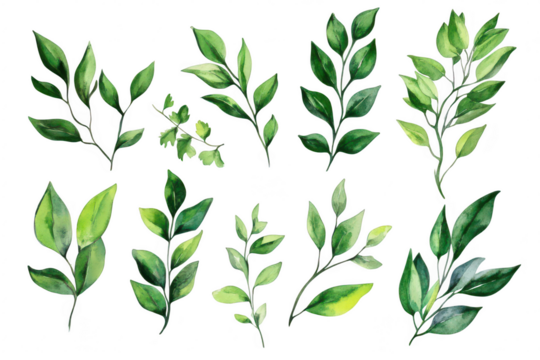 A collection of beautifully illustrated green leaves in various shapes and sizes. natural beauty and diversity. perfect for botanical designs and eco-friendly themes