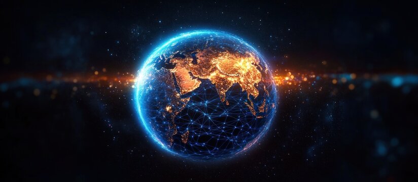 glowing earth from space with illuminated city lights and a blue digital network web across oceans, starry cosmos backdrop, futuristic global connectivity and awe