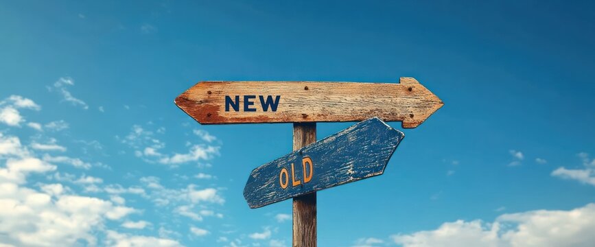 Weathered wooden signpost with two directional arrows labeled new and old, one pointing right and one left against a bright blue sky with scattered clouds, evoking choice and transition - Powered by Adobe