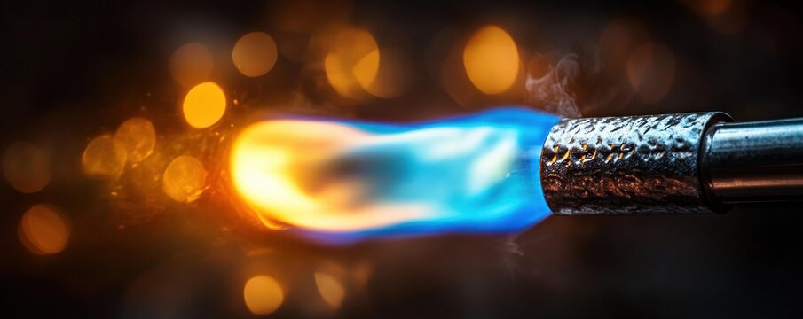 close-up metal torch nozzle emitting bright blue and orange flame with warm bokeh background, intense focused heat