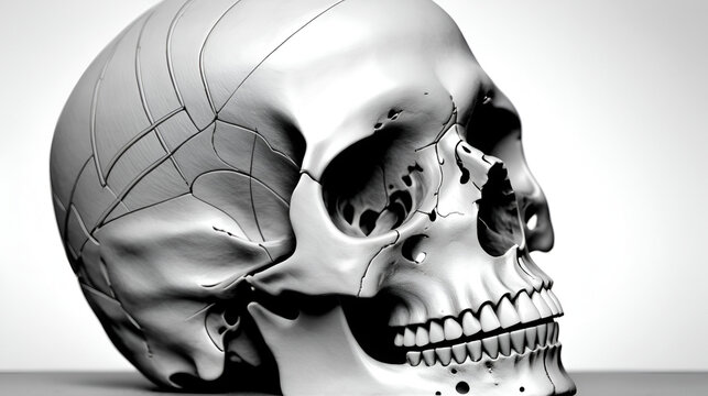 "Delicate linework depicts the intricate details of the human skull, highlighting the suture lines, foramen magnum, and mastoid processes within a simple grayscale composition."