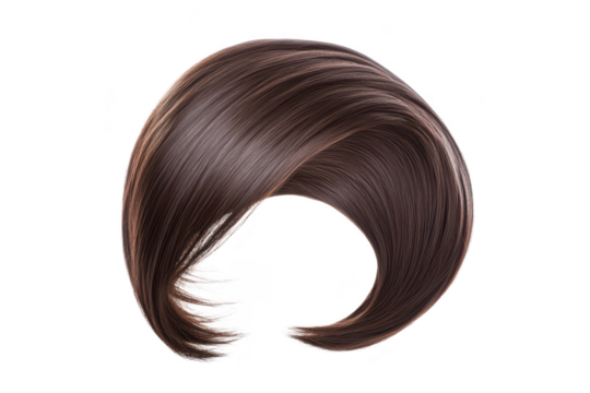 A beautifully styled. flowing brown hairpiece smooth. glossy strands against a white background. ideal for fashion and beauty applications in advertising or editorial use