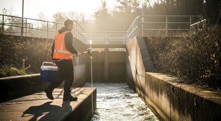Water Sampling at Wastewater Treatment Facility Environmental Monitoring Industrial Setting Early Morning Light