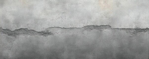 weathered concrete wall with rough horizontal crack and peeling plaster, aged gray surface evoking somber industrial decay