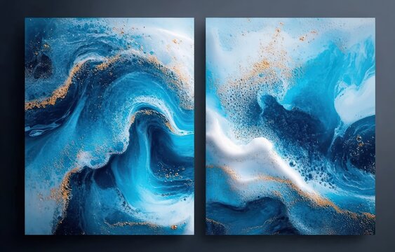pair of abstract ocean-inspired blue and turquoise resin paintings with swirling white foam and gold metallic accents, calming and dynamic diptych wall art