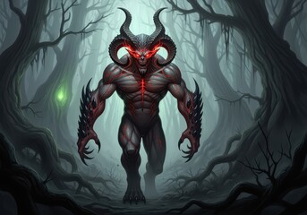 A menacing demon strides through a dark, ominous forest, its red eyes glowing with malevolent intent.