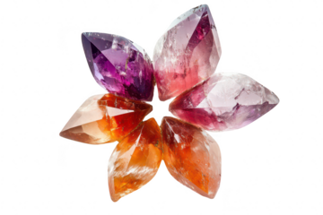 A arrangement of colorful gemstones shaped like petals. a variety of hues and textures. placed on a clean white background. ideal for jewelry design or decorative purposes